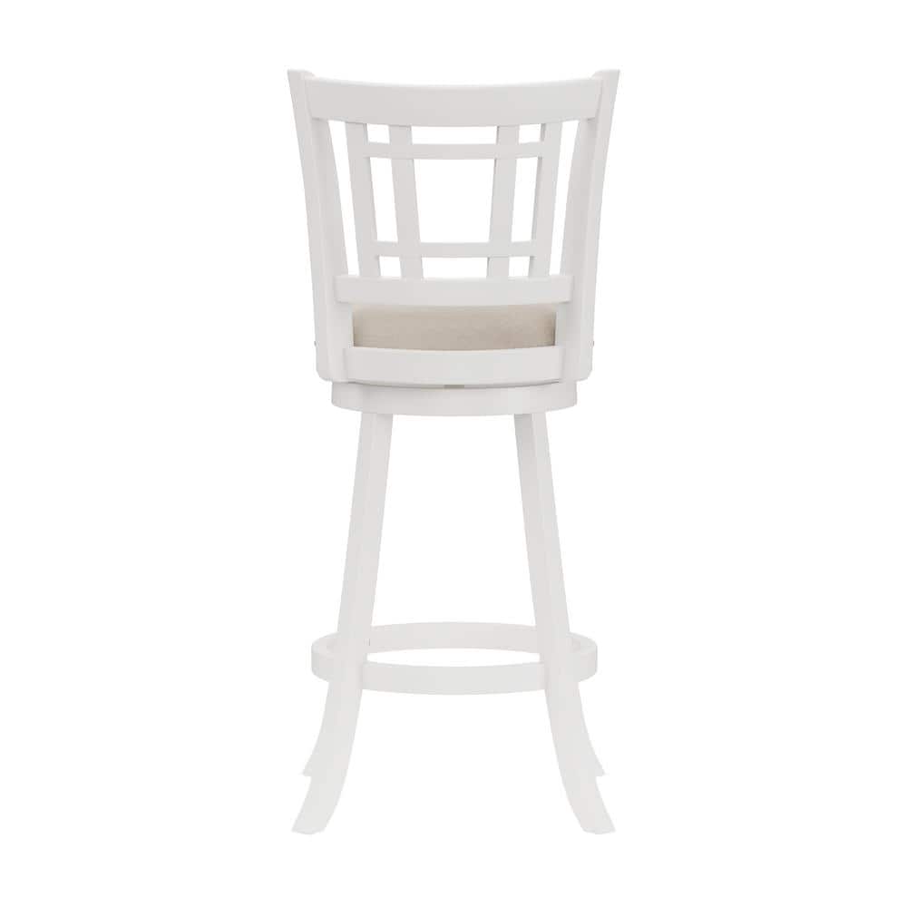 Elegant White Swivel Bar Stool with Beige Fabric Seat and Wood Accents