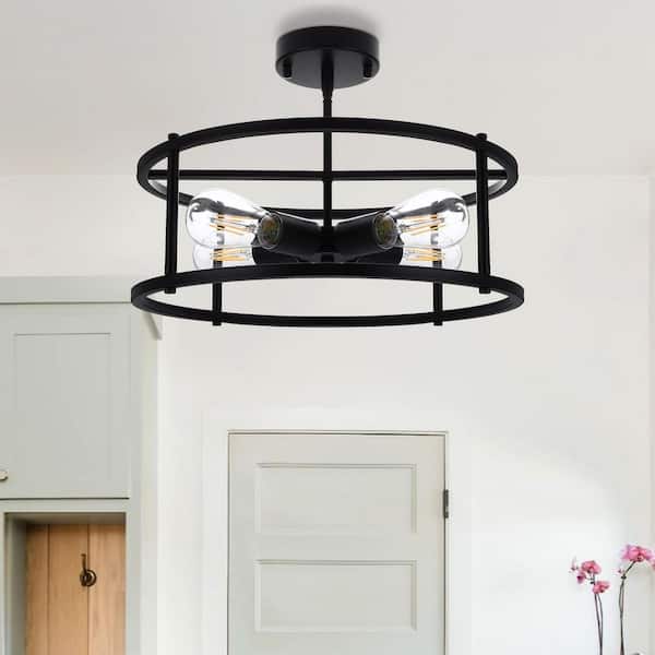 Industrial 17 in. 4-Light Black Caged Drum Semi-Flush Mount with No Glass Shade and No Bulb Included 1-Pack