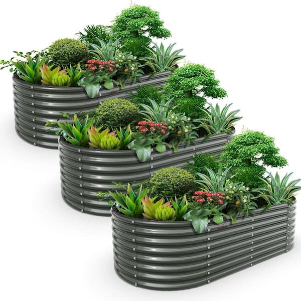 3-Pack Gray Metal Oval Raised Garden Bed Planter Box for Planting Vegetables Flowers (96 in. L x 48 in. W x 24 in. H)