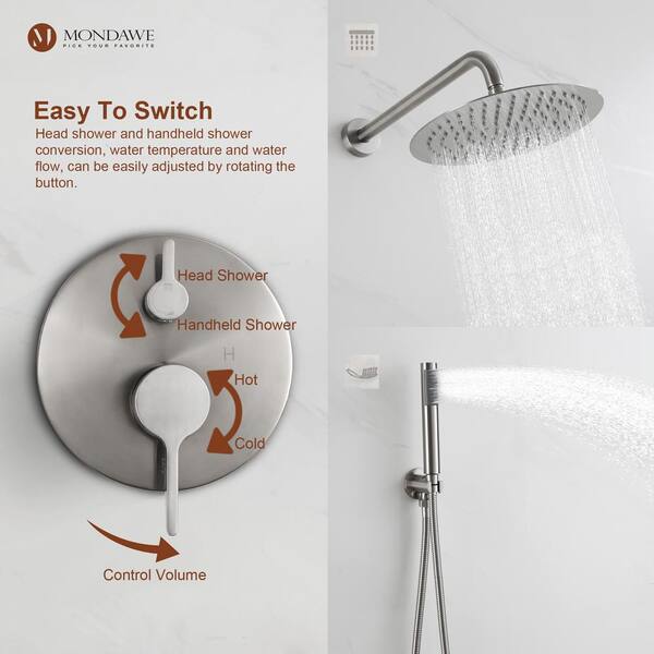 1-Spray Dual Showerhead and Handheld Showerhead with Temperature Control in Brushed Nickel 1-Spray Dual Showerhead and Handheld Showerhead with Temperature Control in Brushed Nickel