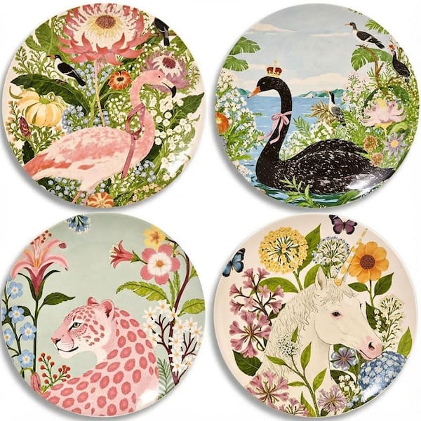 4-Piece Muticolored Ceramic Plates Set, 8.5 in. Dessert, Salad and Appetizer Plates, Illustrated Style, Dishwasher Safe
