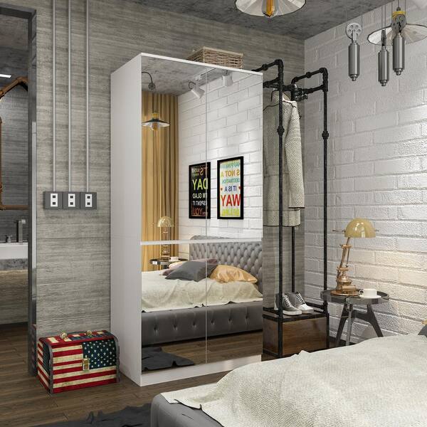 FUFU&GAGA White High Gloss Mirrored Doors 31.5 in. W Wardrobe Armoires