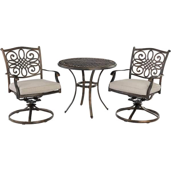 Agio Renditions 3-Piece Aluminum Outdoor Dining Set with Sunbrella Silver Cushions, 2 Swivel Rockers and 32 in. Table