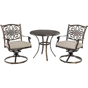 Renditions 3-Piece Aluminum Outdoor Dining Set with Sunbrella Silver Cushions, 2 Swivel Rockers and 32 in. Table