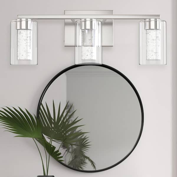 18 In. 3 Light Brushed Nickel LED Vanity Light with Dimmable White Neutral Warm Light Clear Glass Shade