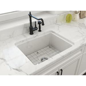 Sotto 24 in. Drop-In/Undermount Single Bowl White Fireclay Kitchen Sink Kit with Grid Strainer and Accessories
