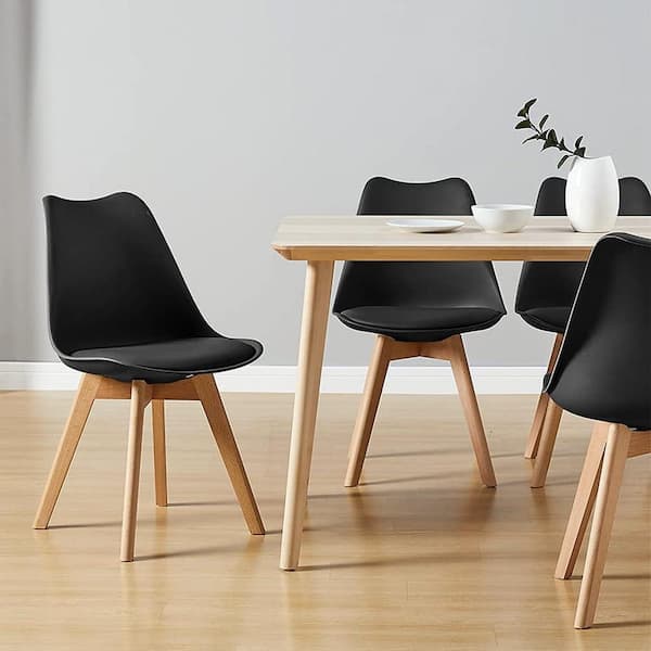 Unbranded Mid Century Modern Dining Chair with Wood Legs, Set of 4, Black