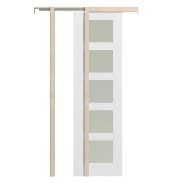 TENONER 24 in. W. x 80 in. 5 Panel Frosted Glass, Can Be Painted, White MDF Wood Pocket Door Frame with All Hardware