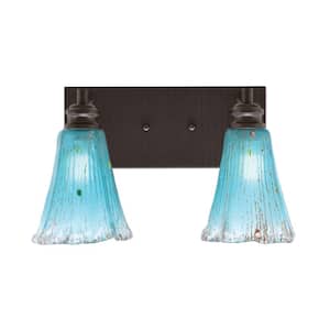 Albany 15 in. 2-Light Espresso Vanity Light with Fluted Teal Crystal Glass Shades