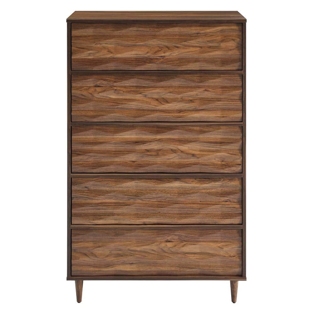 Walnut 5-Drawer Chest with Grooved Wave Design