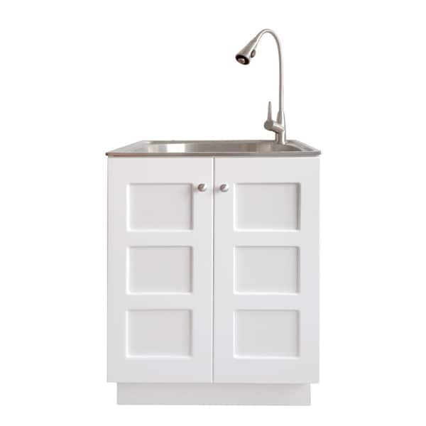 Glacier Bay All-in-One 24.2 in. x 21.3 in. x 33.8 in. Stainless Steel Laundry Sink and White Cabinet with Reversible Doors