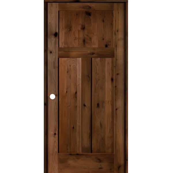 Krosswood Doors 30 in. x 80 in. Craftsman Knotty Alder 3-Panel Right-Handed Provincial Stain Solid Wood Single Prehung Interior Door