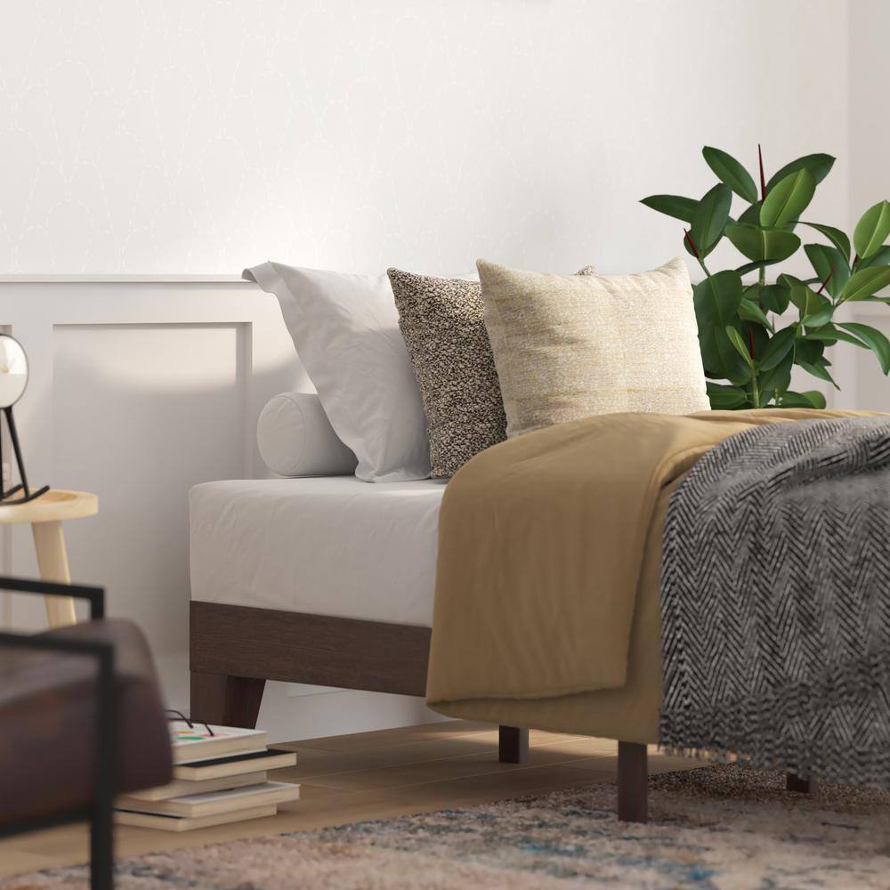 Walnut Twin Wood Platform Bed with Headboard and Drawer