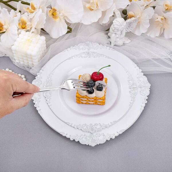 Anqtovp 150-Pieces Silver Plastic Disposable Plates with Silver