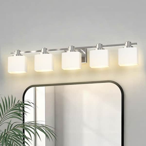 40 in. Modern 5-Light Brushed Nickel Bathroom Vanity Light, White Glass Shade Over Mirror Lighting Fixture