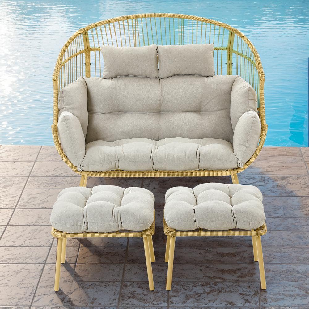Egg Chair Yellow 3-Piece PE Wicker Outdoor Loveseat with Beige Cushions and Ottomans price history on PriceWatchPro
