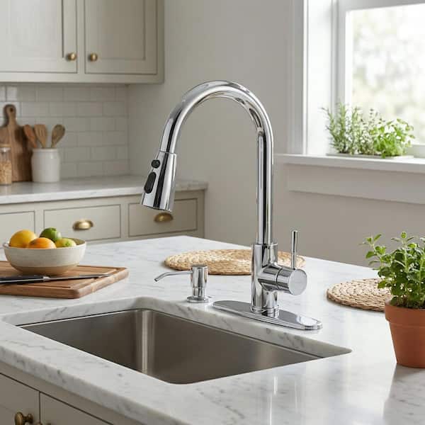 Single Handle Pull Down Sprayer Kitchen Faucet with 3-Mode Sprayer and Soap Dispenser in Polished Chrome
