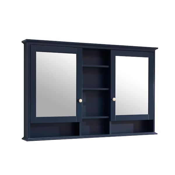 WELLFOR 55 in. W x 35 in. H Rectangular Navy Blue Wood Surface Mount Medicine Cabinet with Mirror and Shelves,2 Soft Close Doors