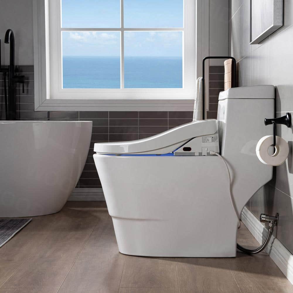 White Porcelain Elongated One-Piece Dual Flush Toilet with Smart Bidet