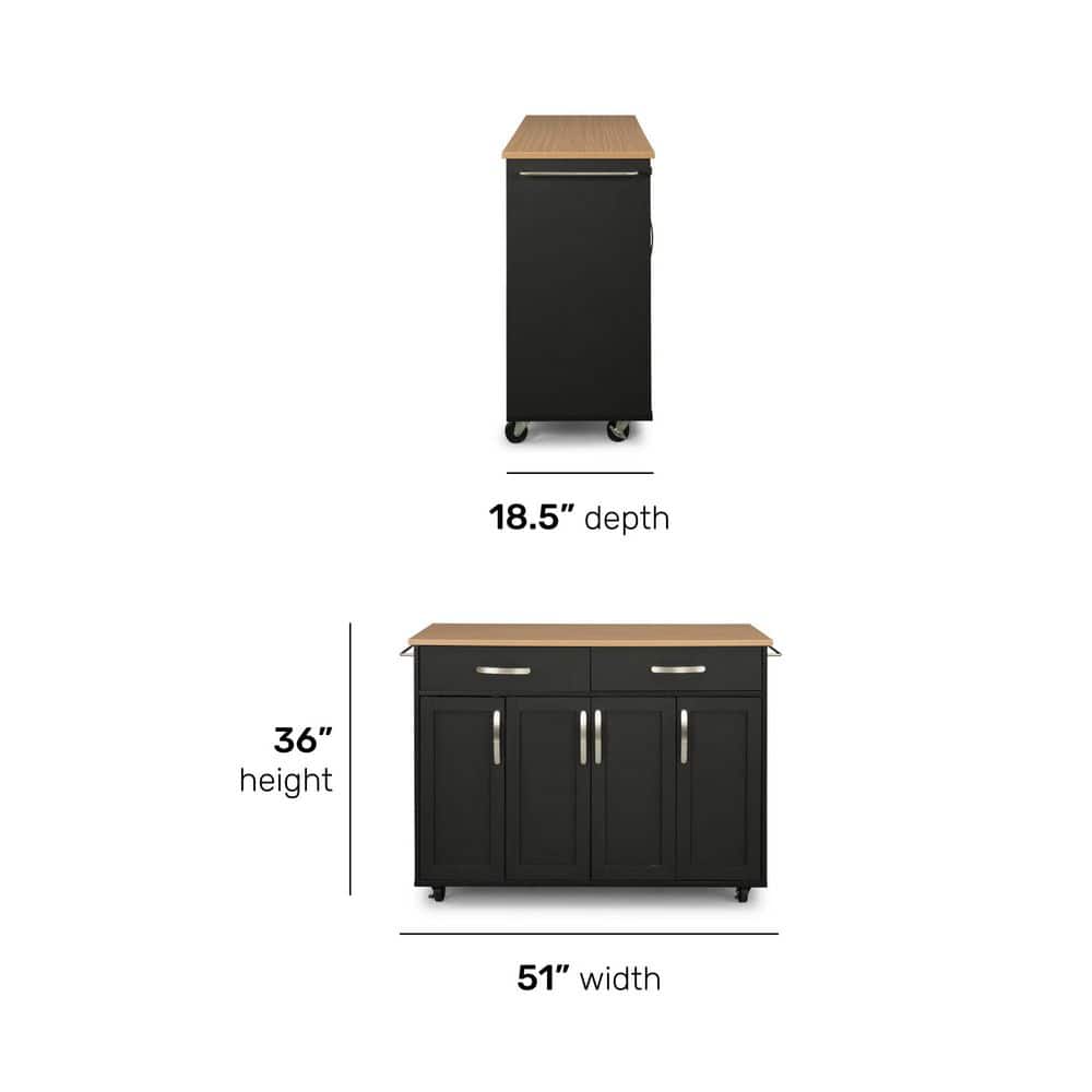Black Wood Kitchen Cart with Natural Laminate Top and Storage