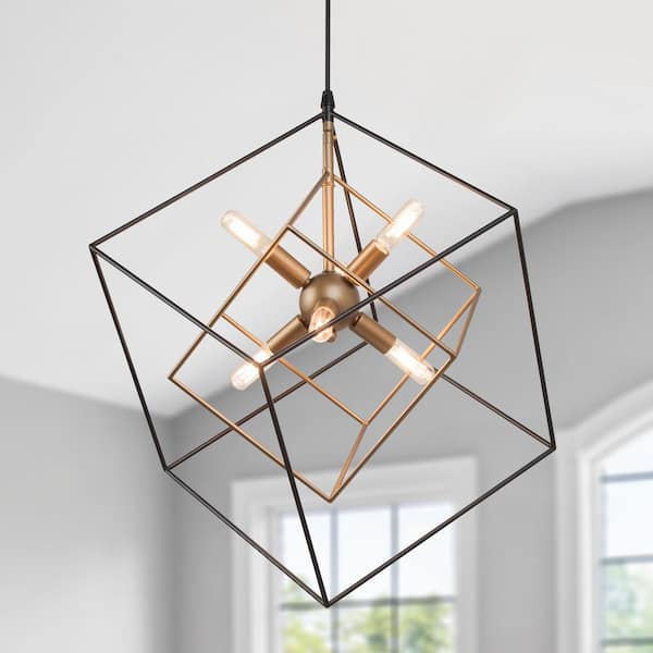 6 Light Gold Nested Cage Pendant, Geometric Gold And Black Chandelier
