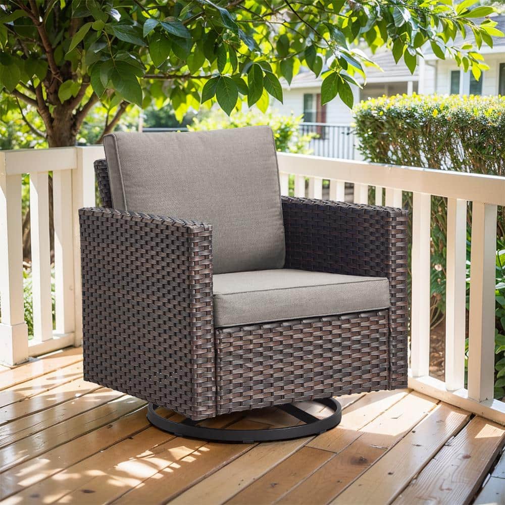 moosprr U-Foot Brown Swivel Glider Wicker Outdoor Rocking Chair with Gray Cushion (1-Pack) MS ...