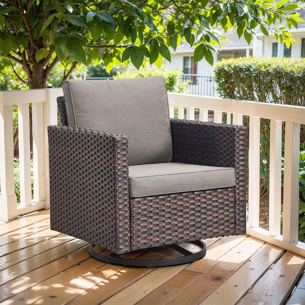 U-Foot Brown Swivel Glider Wicker Outdoor Rocking Chair with Gray Cushion (1-Pack)