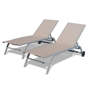 khaki Aluminum Outdoor Lounge chair with Wheels and Adjustable Backrest (2-pack)