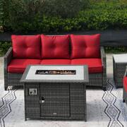 Gray 5-Piece Outdoor Rattan Wicker Patio Fire Pit Conversation Sofa Set with Red Cushions