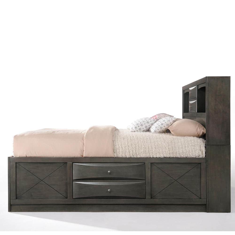 Gray Oak Full Double Captain's Bed with Bookcase and Storage