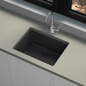 Stonehaven 24 in. Undermount Single Bowl Black Onyx Granite Composite Kitchen Sink with Black Strainer