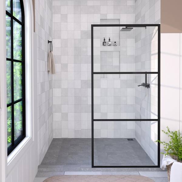 Hilma 34 in. W x 72 in. H Fixed Framed Shower Door in Matte Black Finish with Patterned Glass