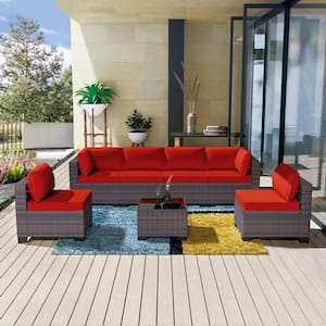 7-Piece Wicker Outdoor Sectional Set with Cushion Red