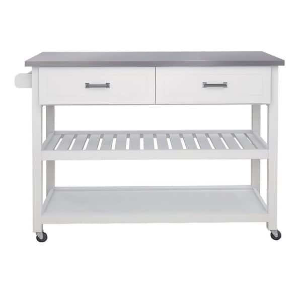 Otryad White Stainless Steel Table Top Kitchen Cart With Two Drawers