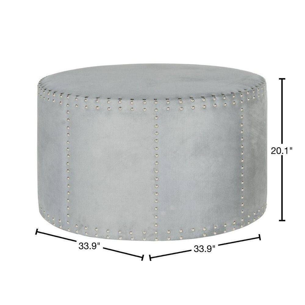 Transitional 34'' Gray Velvet Round Cocktail Ottoman with Nailhead Trim