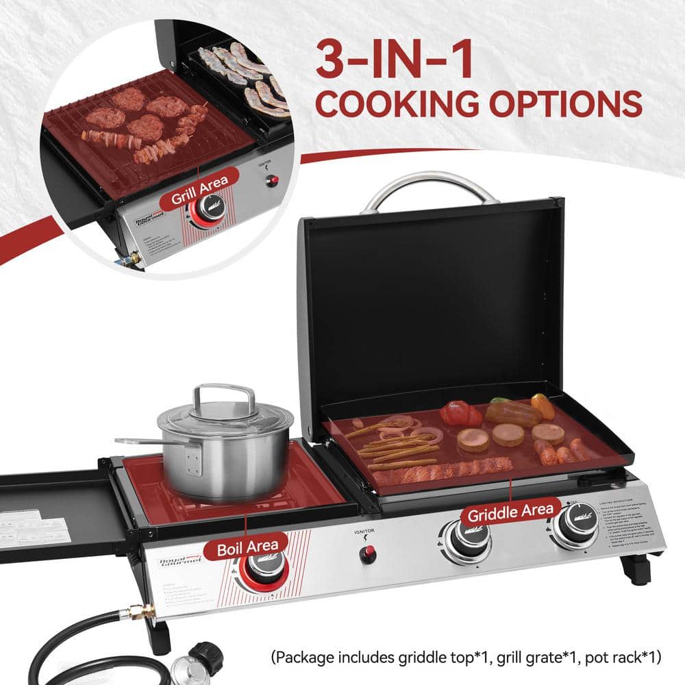 Silver and Black 3-Burner Portable Gas Griddle with Side Burner