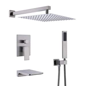 2-Spray 10 in. Square Rain Shower Head with Hand Shower and Waterfall Tub Faucet in Brushed Nickel (Valve Included)