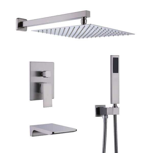 GIVING TREE 2-Spray 10 in. Square Rain Shower Head with Hand Shower and Waterfall Tub Faucet in Brushed Nickel (Valve Included)