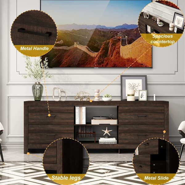 Sturdy Brown Wood TV Stand Media Console Cabinet in American Country Style with Drawers Fits TV s Up to 80 in
