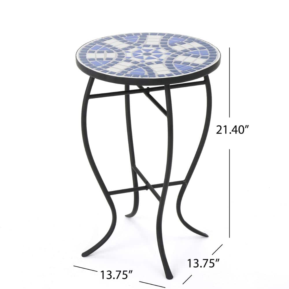 Round outdoor side table with dimensions shown: 13.75 inches wide and 21.4 inches high.