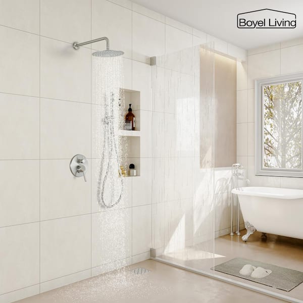 1-Spray Patterns with 2.5 GPM 10 in. Round Wall Mount Dual Shower Heads with Pressure Balance Valve in Brushed Nickel