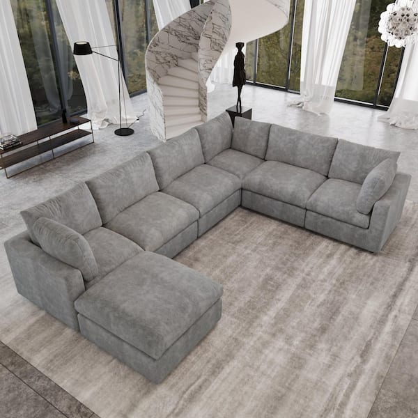 J&E Home 134 in. Square Arm Chenille 8-Piece Modular Free