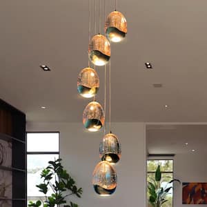 Venezia 9 in. 7-Light ETL Certified Integrated LED Gold Chandelier Height Adjustable Pendant with Champagne Glass Shades