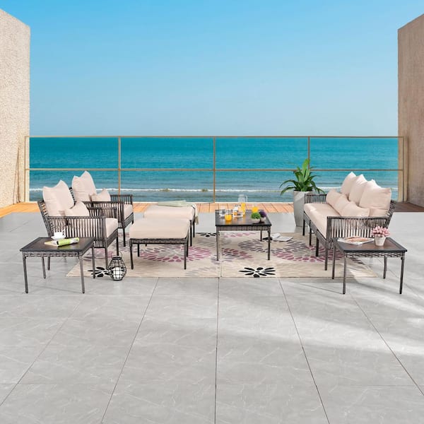 10-Piece Wicker Outdoor Conversation Set with Beige Cushions