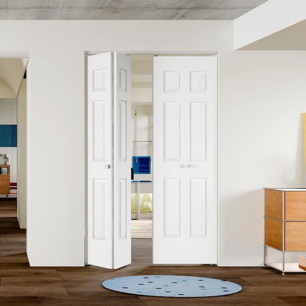 48 in. x 80 in. 6-Panel Textured MDF White Hollow Core Composite DIY Painted Bi-Fold Door with Hardware Kits