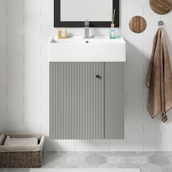 21.6 in Gray Modern Floating Bathroom Vanity with Ceramic Basin and Right Side Storage