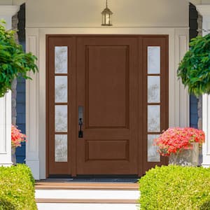 Regency 68 in. x 80 in. 2Panel 3/4-Squaretop RHIS Chestnut Stain Fiberglass Prehung Front Door with w/4Lite Dbl 14in.SL