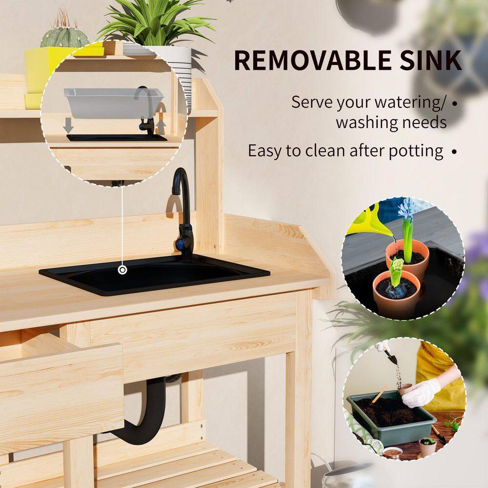 Natural Wood Potting Bench Table with Removable Sink Station