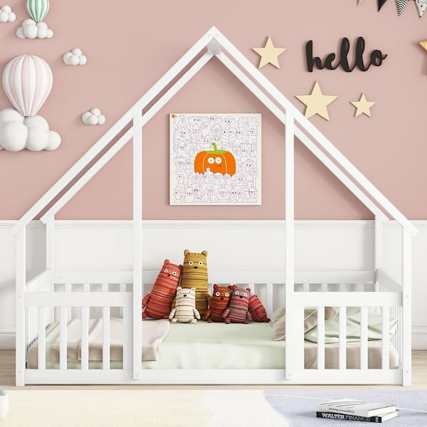 May White Wood Frame Full Size House Kids Bed, Floor Bed with Roof Design and Headboard, Footboard, Guardrails