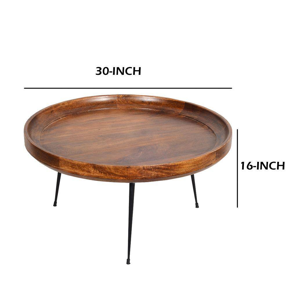 Round Mango Wood Coffee Table with Splayed Metal Legs, 30"